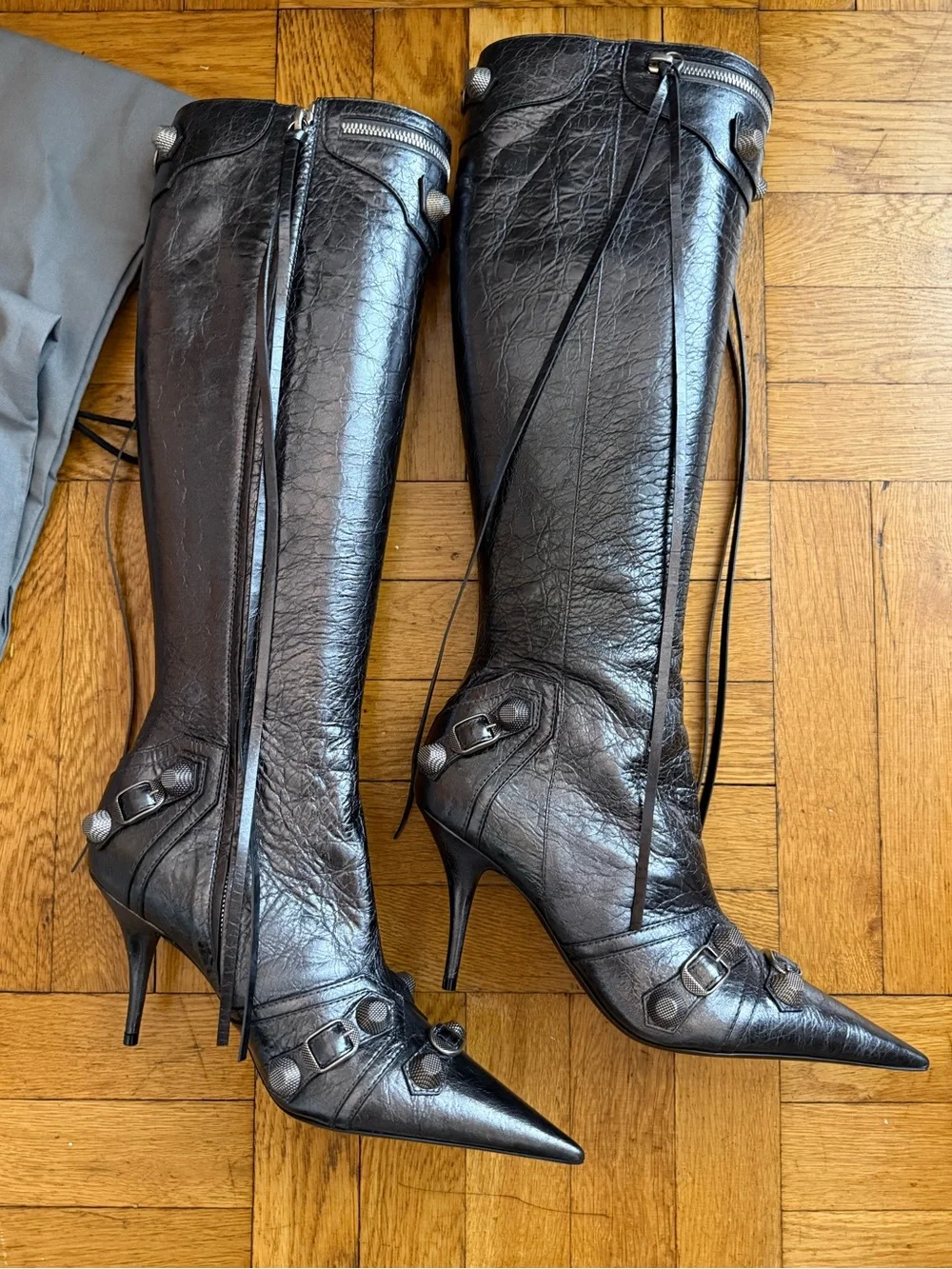 BALENCIAGA Le Cagole studded crinkled-leather knee boots